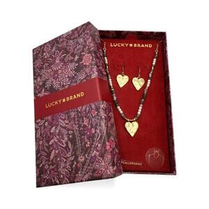 Lucky Brand Beaded Heart Necklace and Earring Set with Semi-precious Stones